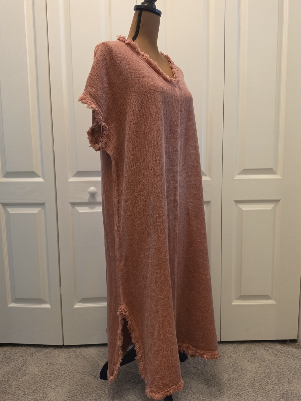 Lagenlook Boho 100% Cotton Fringe Maxi Caftan Dress Frayed Slit Terracotta S/M
